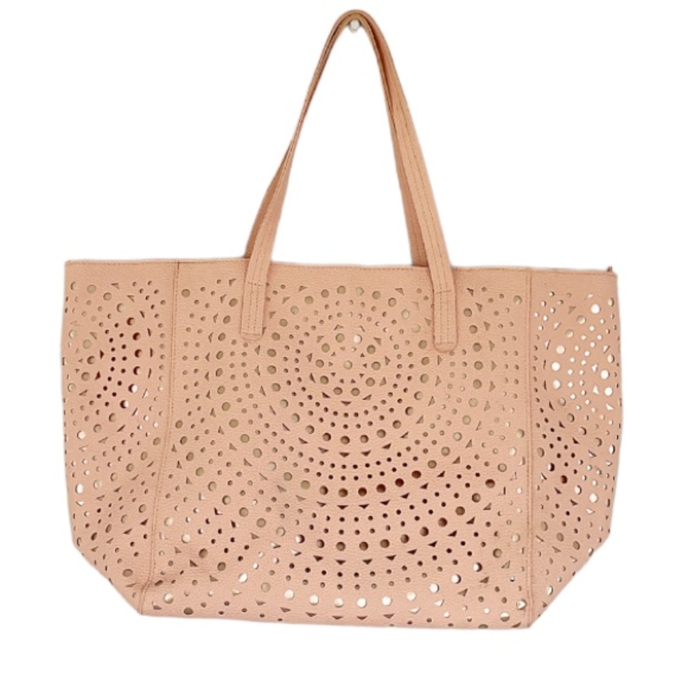 Metallic rose gold blush pink laser cut zip closure large tote bag